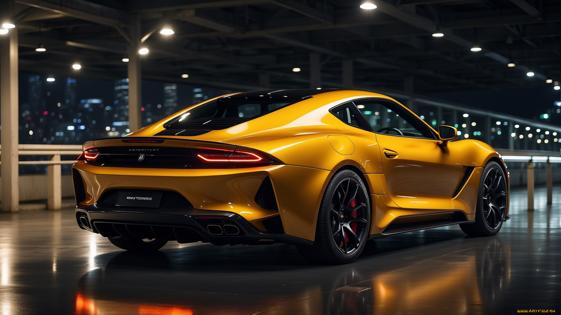 разное, компьютерный, дизайн, искусствo, ии, суперкары, lotus, emira, концепт, кар, произведения, искусства, компьютерная, графика, научная, фантастика, вид, сзади, задние, фонари, отражение, транспортное, средство, глубина, резкости, фары, желтый, цифровое, искусство