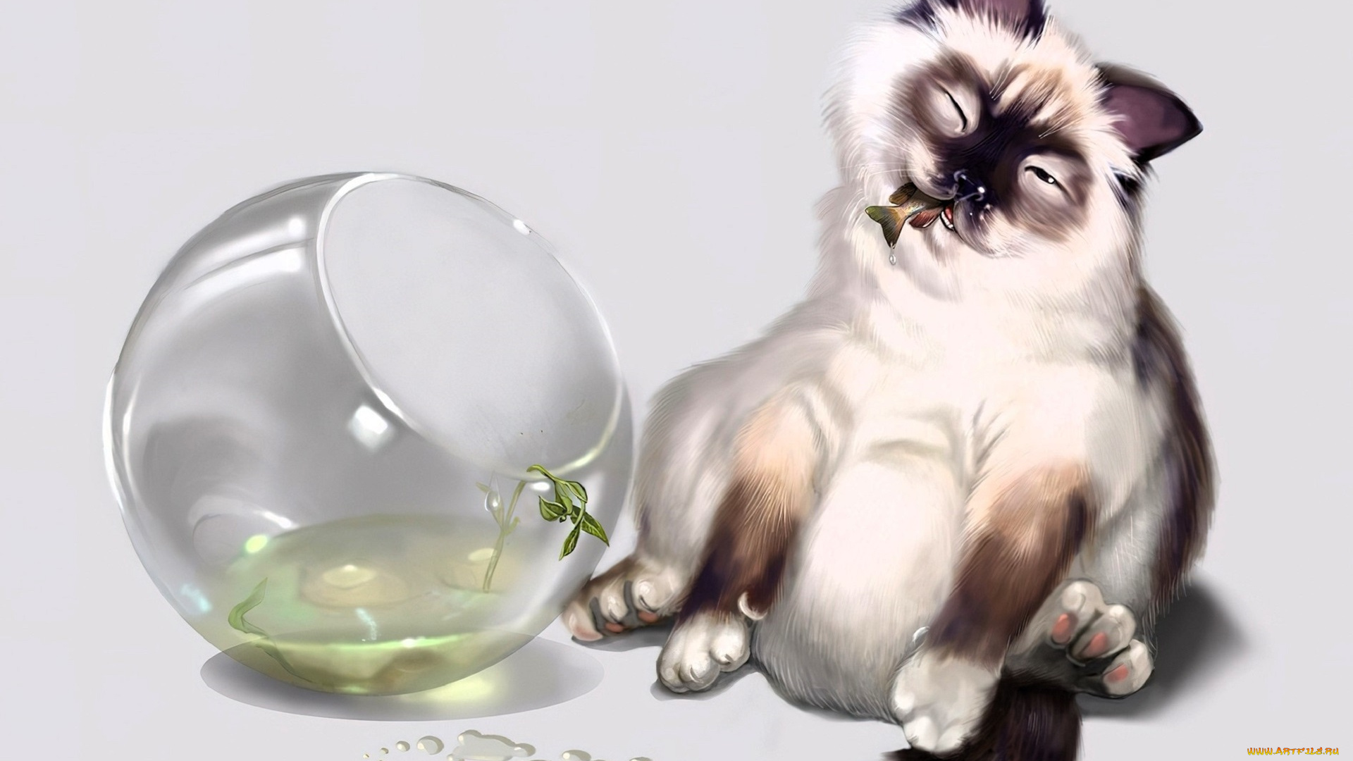 рисованное, животные, , коты, кот, рыбки, аквариум