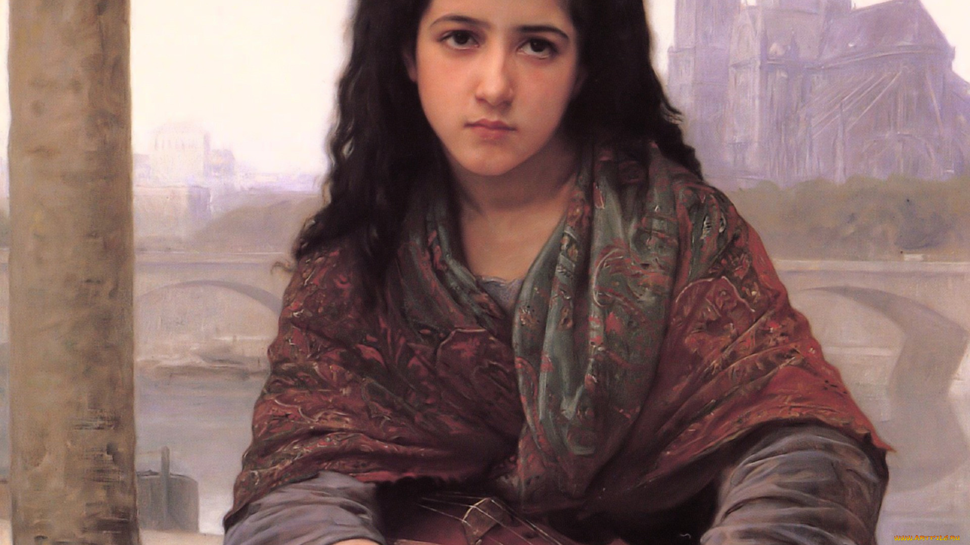 adolphe-william, bouguereau, рисованное, девочка, платок, скрипка, город