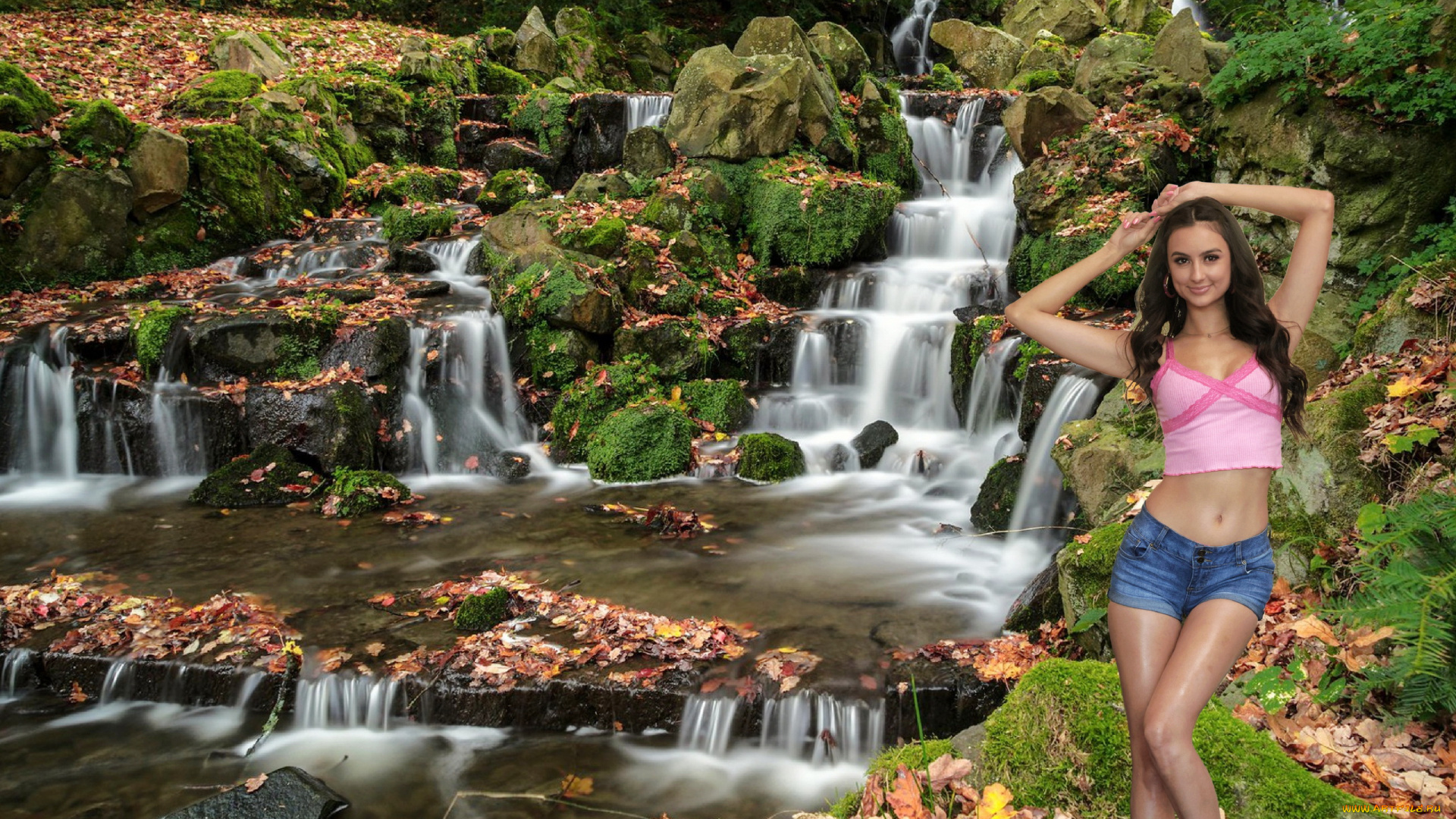 девушки, eliza, ibarra, брюнетка, водопад, топ, поза, шорты