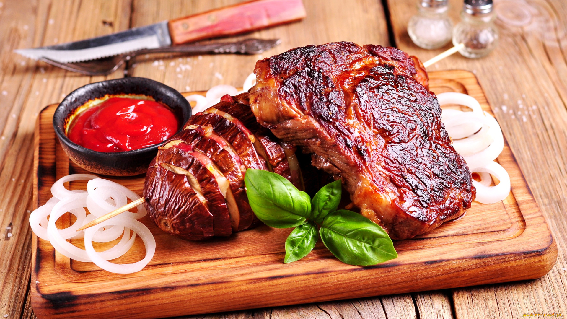 еда, мясные, блюда, кетчуп, стейк, базилик, лук