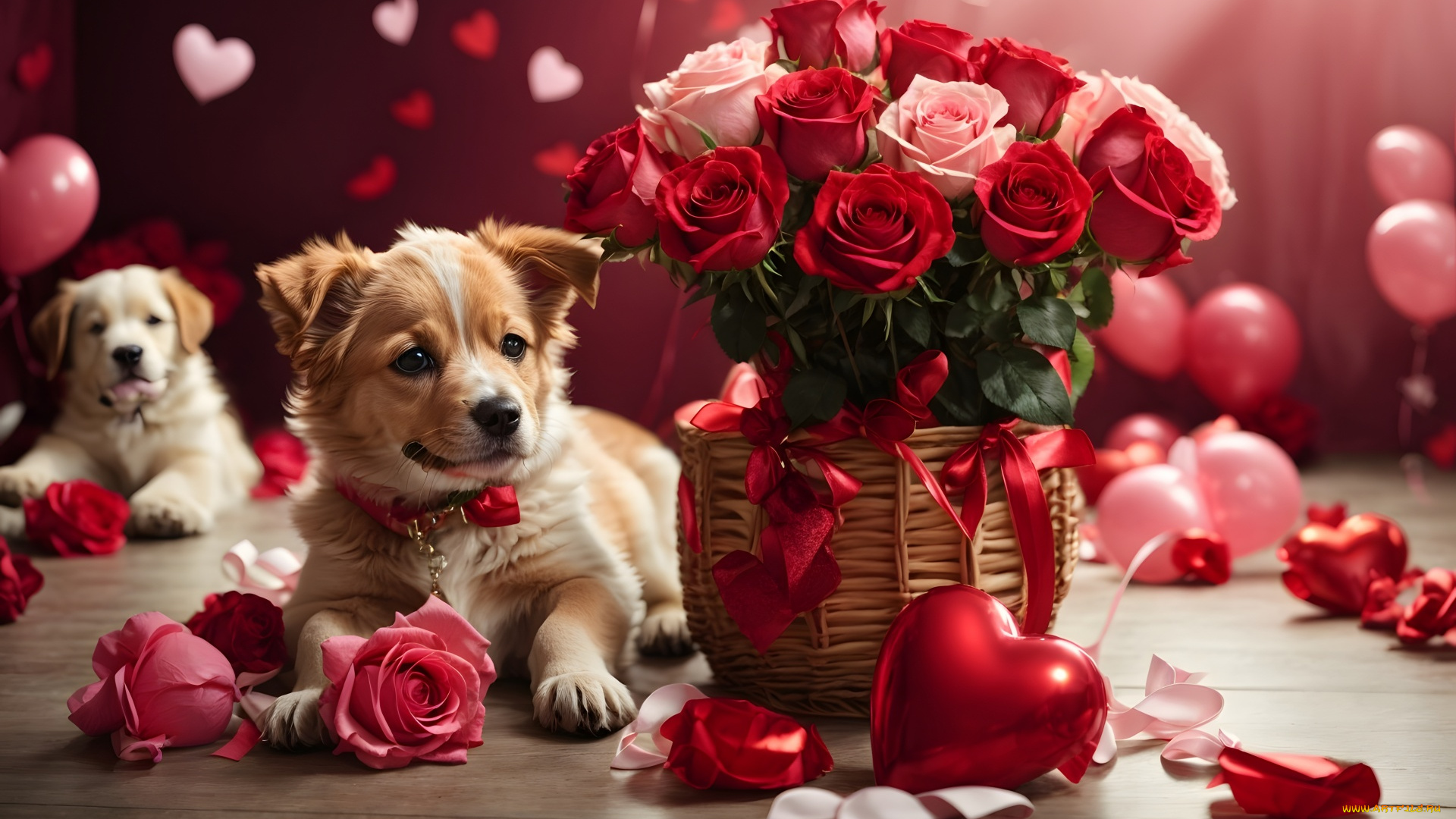 праздничные, день, святого, валентина, , сердечки, , любовь, щенок, букет, розы, сердечко