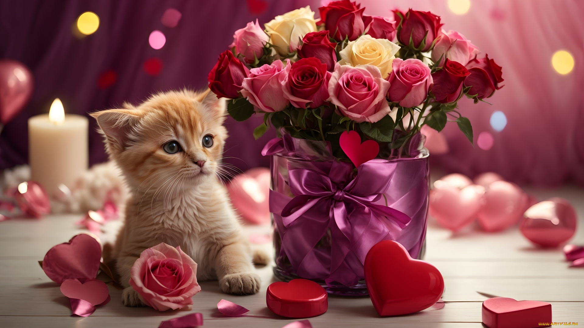 праздничные, день, святого, валентина, , сердечки, , любовь, котенок, букет, розы, лепестки, сердечко