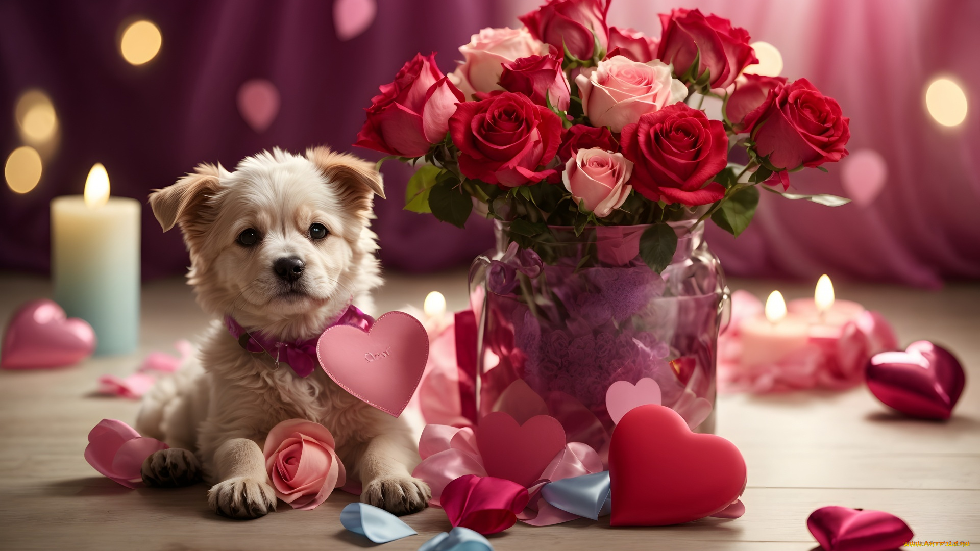 праздничные, день, святого, валентина, , сердечки, , любовь, щенок, букет, розы, сердечки