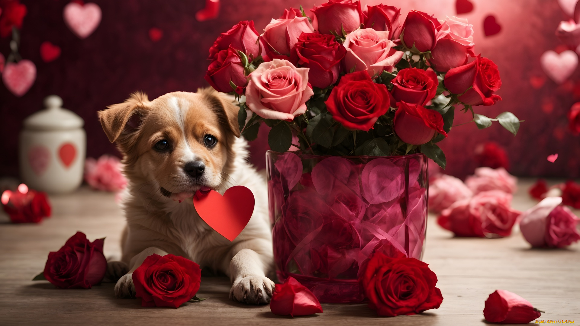 праздничные, день, святого, валентина, , сердечки, , любовь, щенок, букет, розы, сердечко