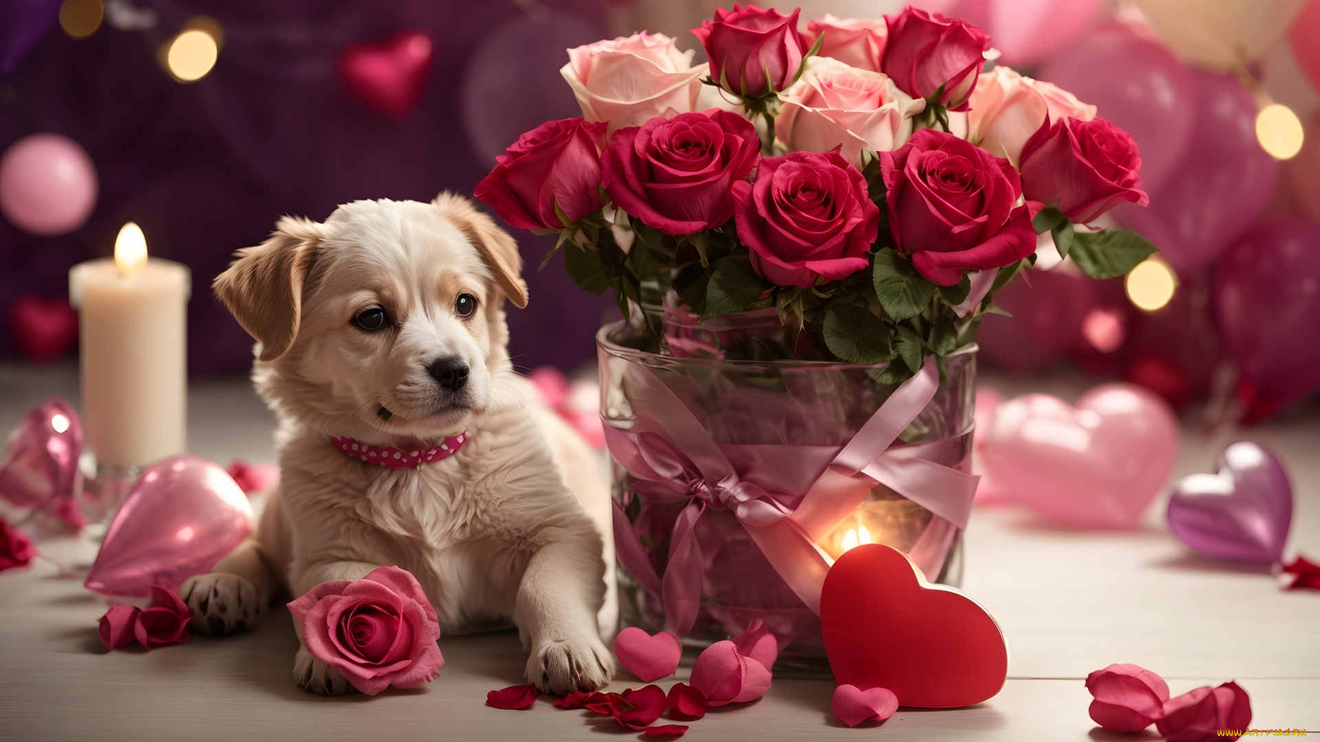 праздничные, день, святого, валентина, , сердечки, , любовь, щенок, букет, розы, лепестки, сердечко