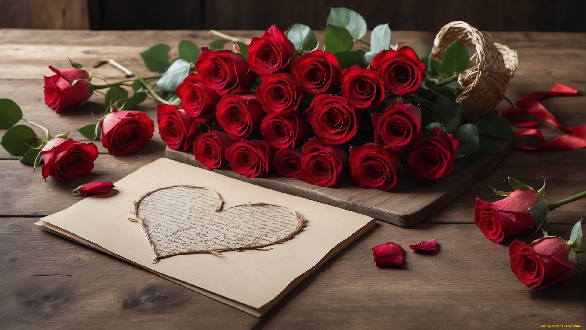 праздничные, день, святого, валентина, , сердечки, , любовь, розы, бутоны, много, лепестки, сердце