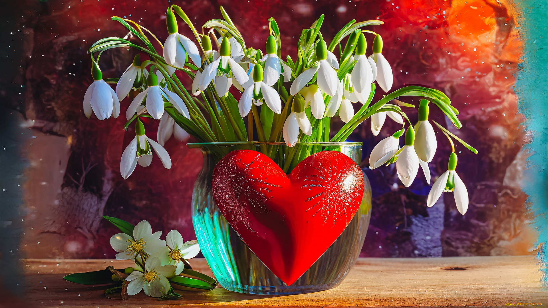 праздничные, день, святого, валентина, , сердечки, , любовь, подснежники, букет, сердце