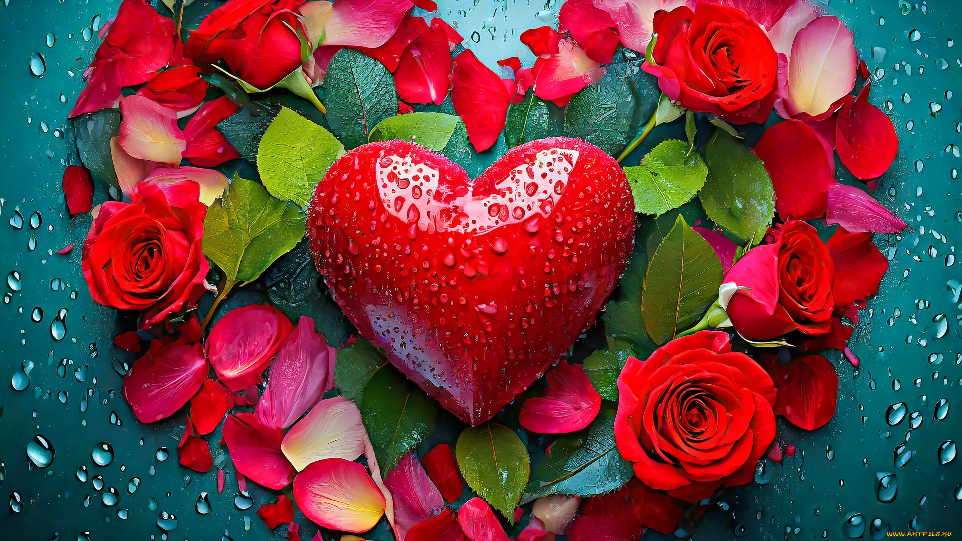 праздничные, день, святого, валентина, , сердечки, , любовь, розы, лепестки, сердце, алое, капли
