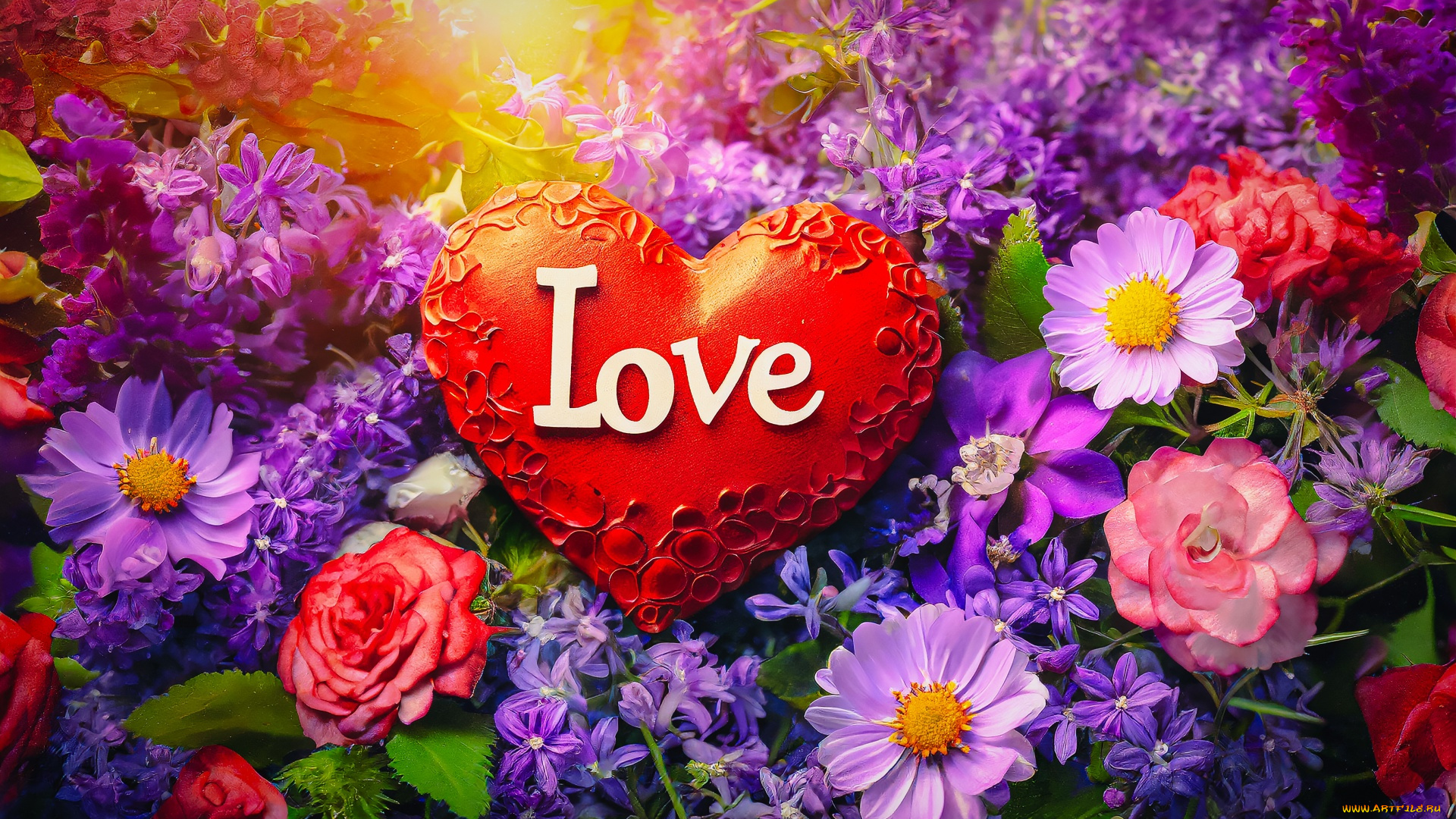 праздничные, день, святого, валентина, , сердечки, , любовь, цветы, сердце, надпись