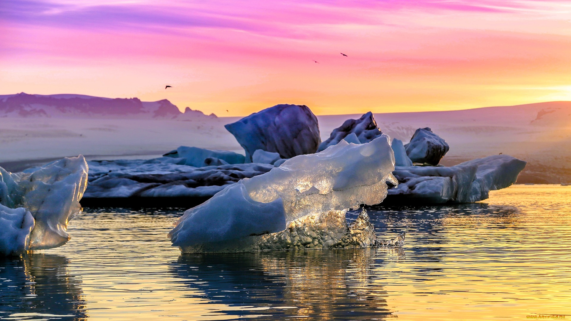 природа, айсберги, и, ледники, закат, горы, льды, море, снег