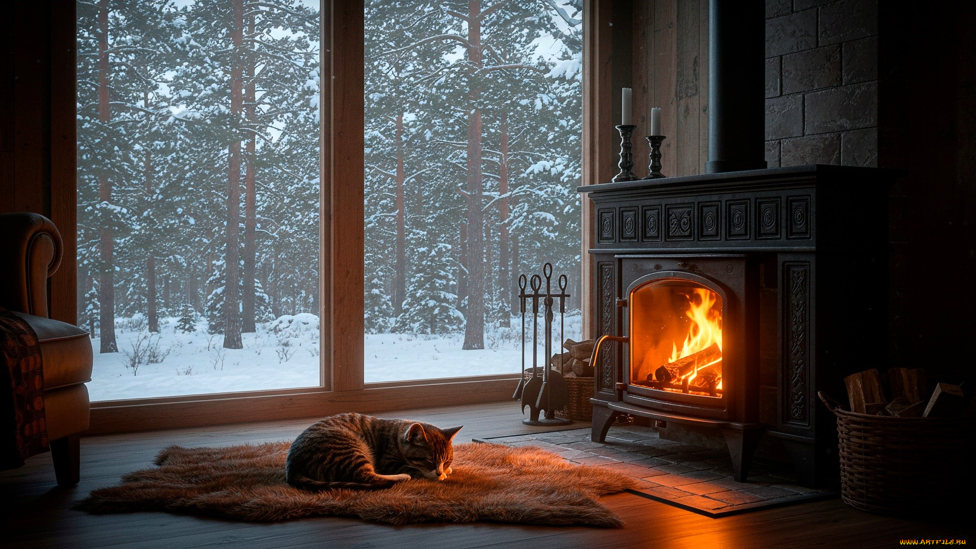 разное, компьютерный, дизайн, комната, кот, коврик, камин, кресло, окно, зима, снег, лес