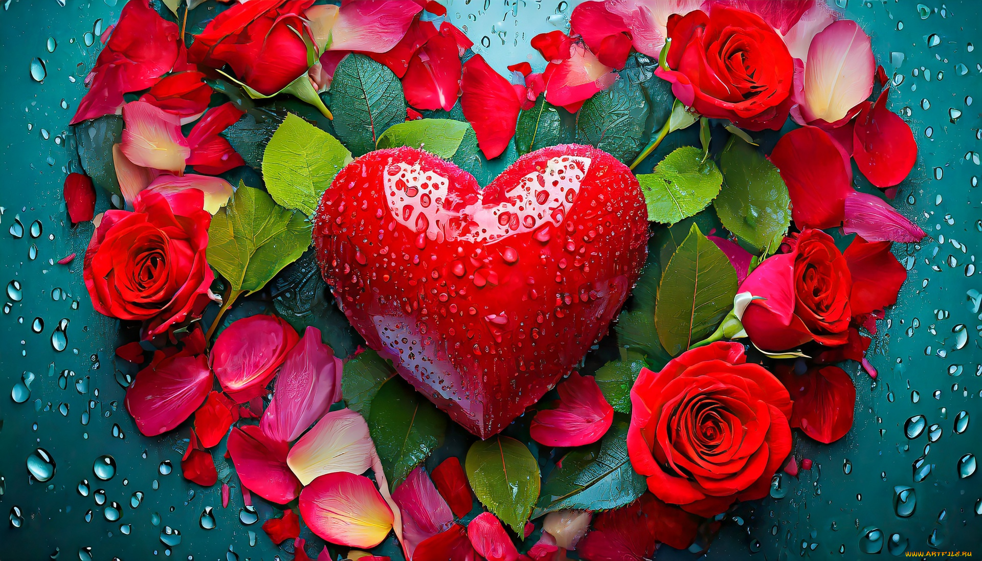 праздничные, день, святого, валентина, , сердечки, , любовь, розы, лепестки, сердце, алое, капли