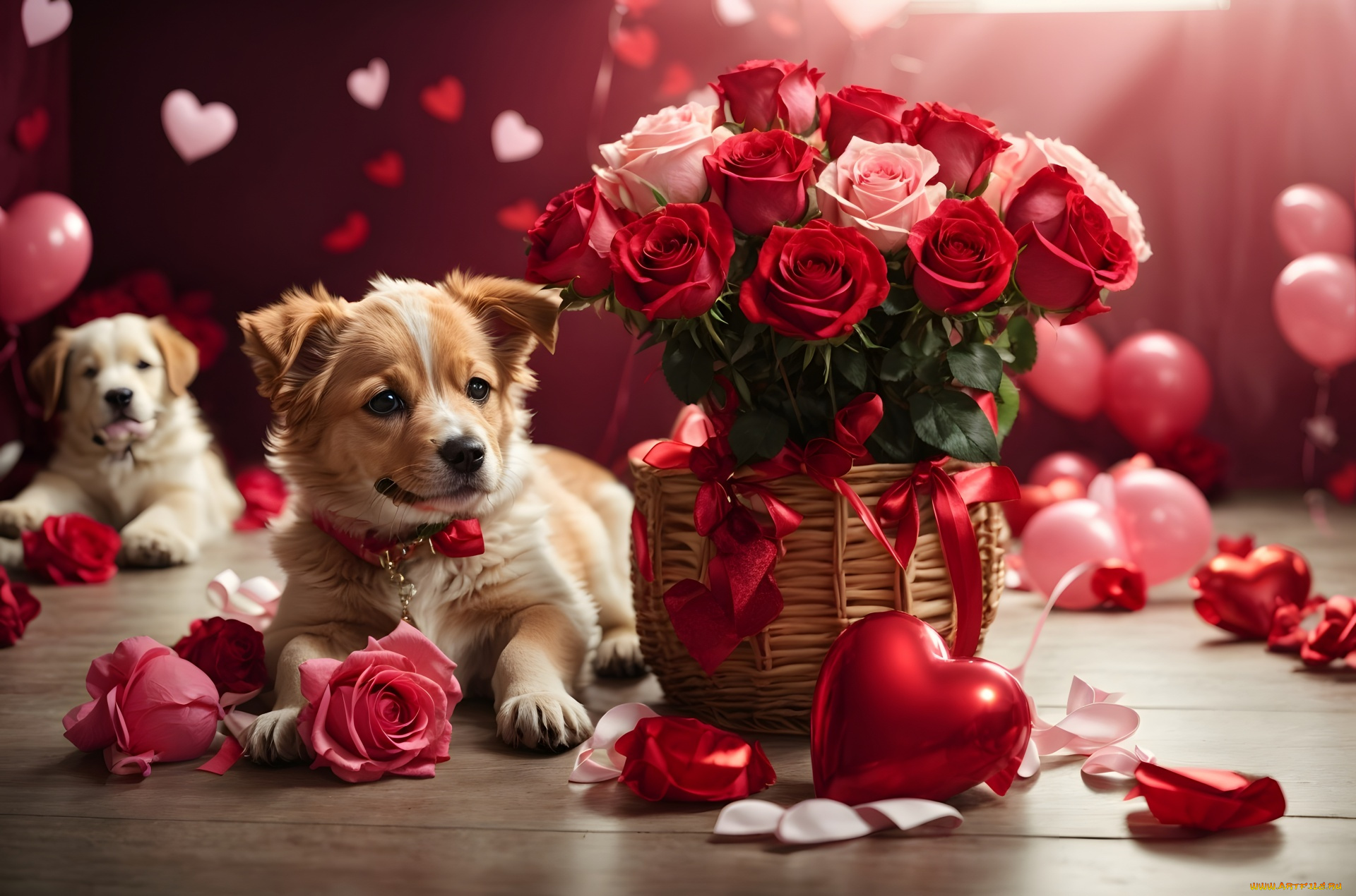праздничные, день, святого, валентина, , сердечки, , любовь, щенок, букет, розы, сердечко