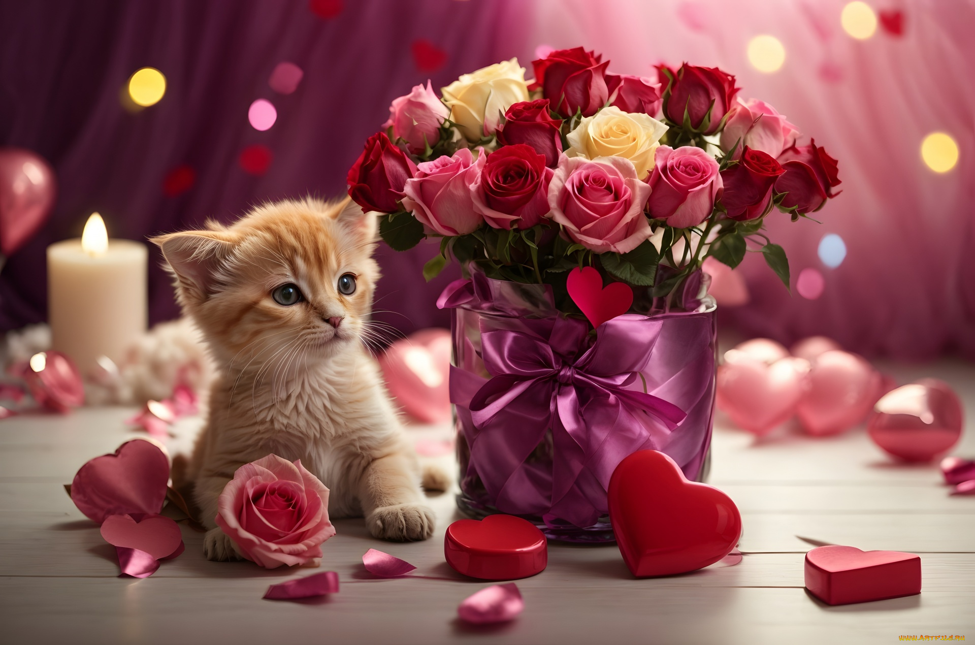 праздничные, день, святого, валентина, , сердечки, , любовь, котенок, букет, розы, лепестки, сердечко