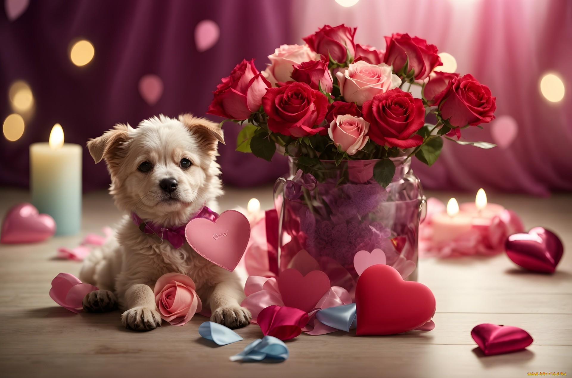 праздничные, день, святого, валентина, , сердечки, , любовь, щенок, букет, розы, сердечки
