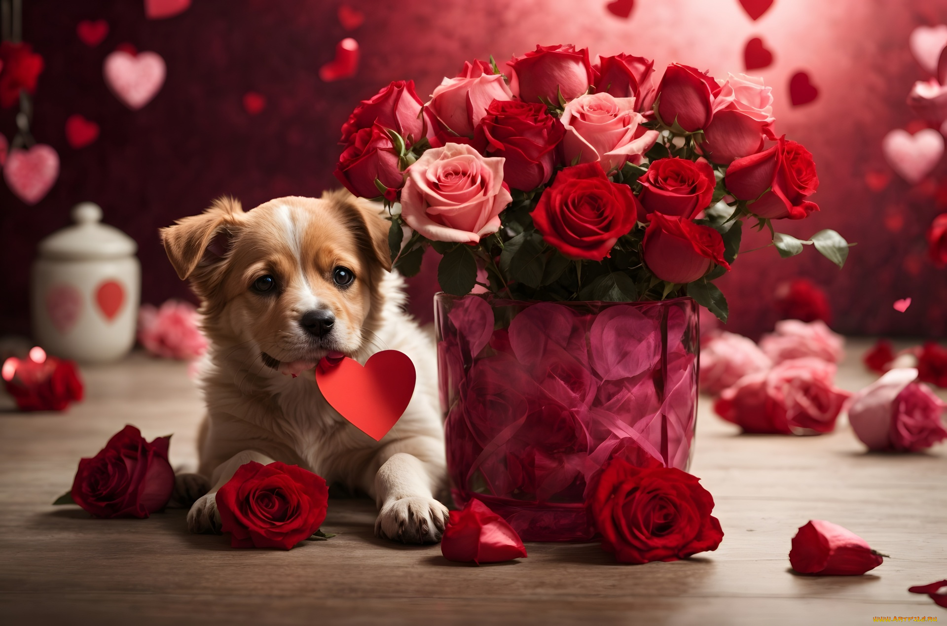 праздничные, день, святого, валентина, , сердечки, , любовь, щенок, букет, розы, сердечко