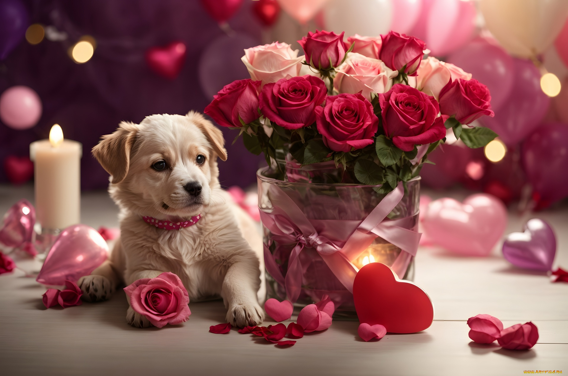 праздничные, день, святого, валентина, , сердечки, , любовь, щенок, букет, розы, лепестки, сердечко