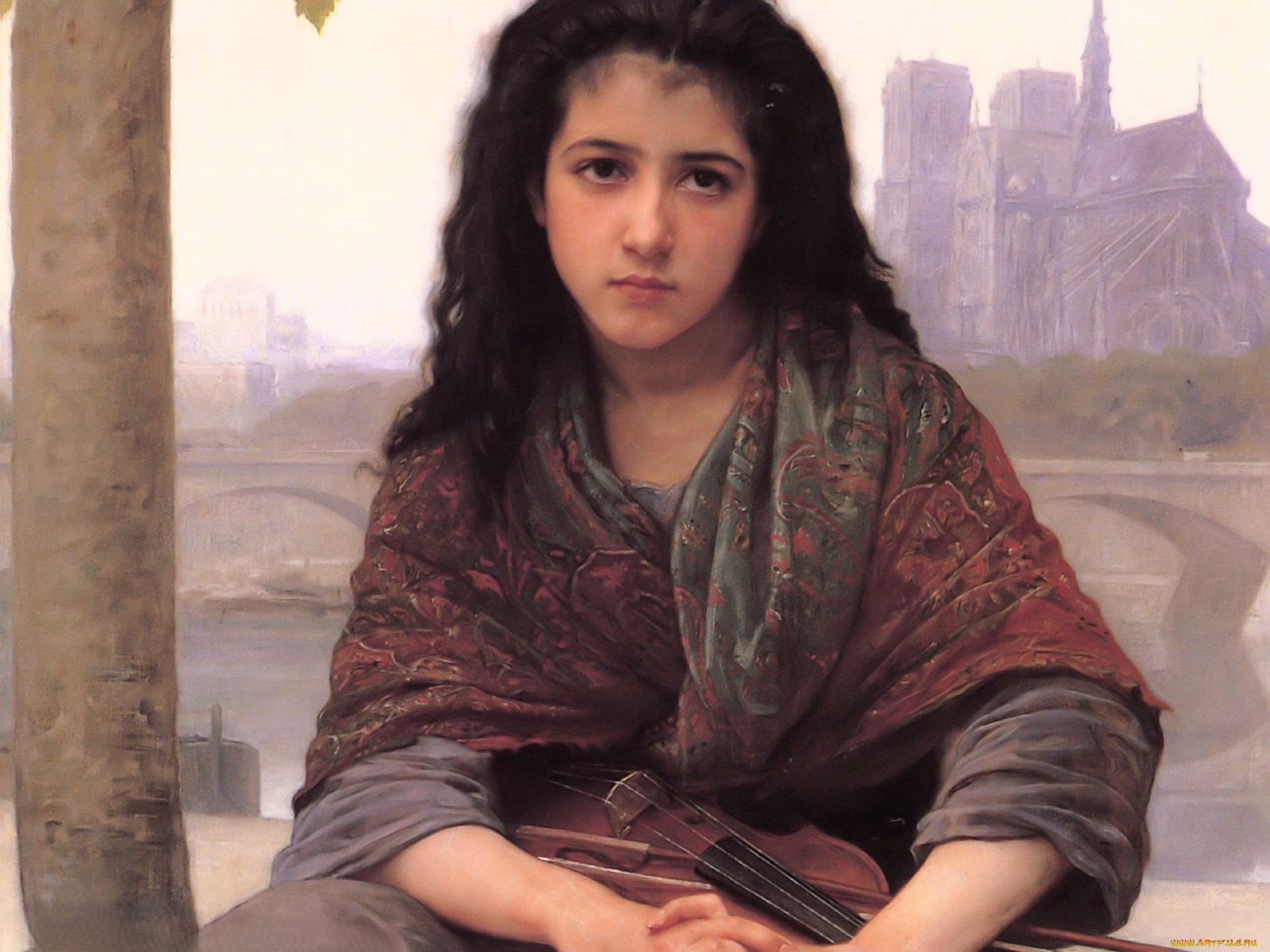 adolphe-william, bouguereau, рисованное, девочка, платок, скрипка, город