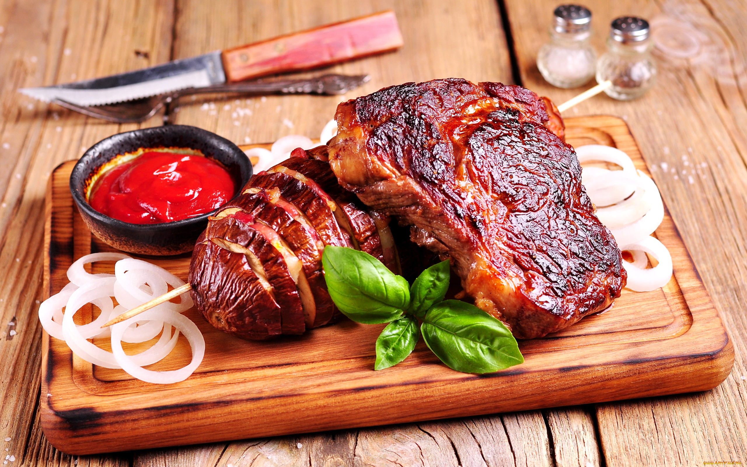 еда, мясные, блюда, кетчуп, стейк, базилик, лук