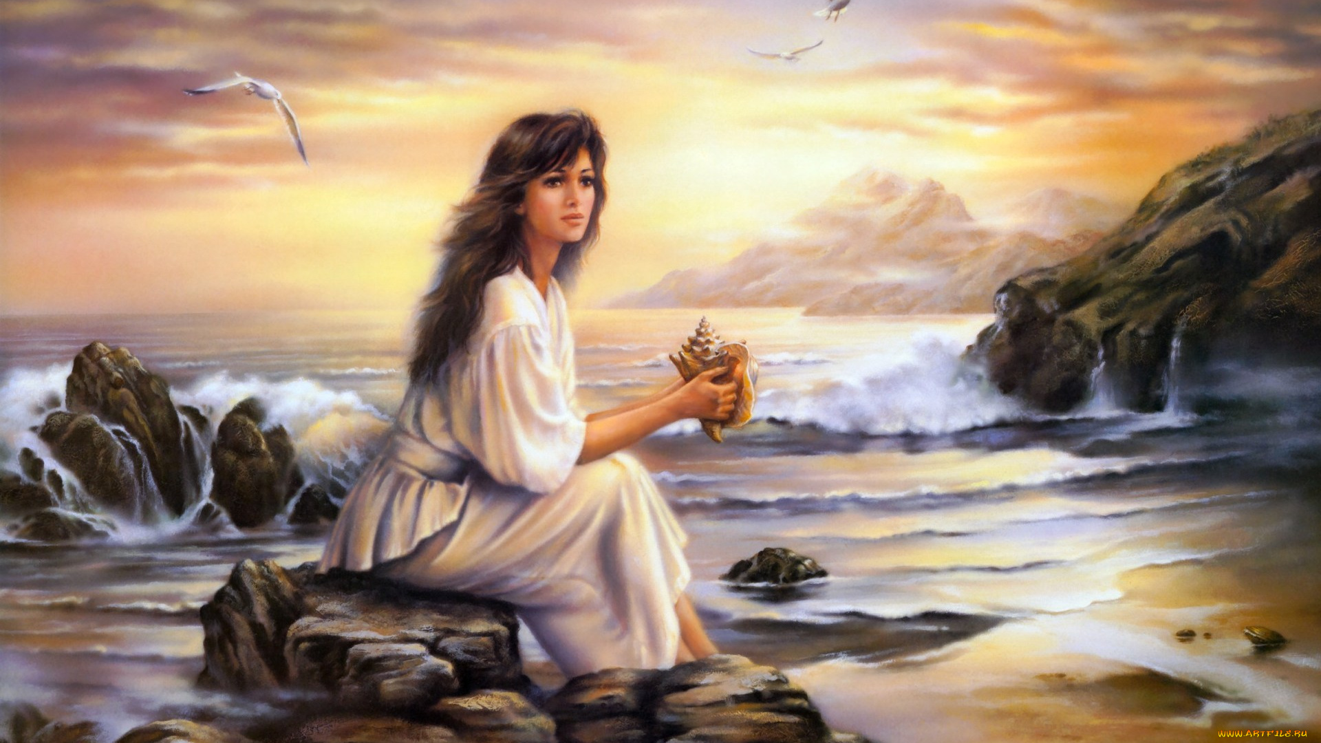 dreams, рисованные, russ, docken, чайки, пейзаж, море, девушка