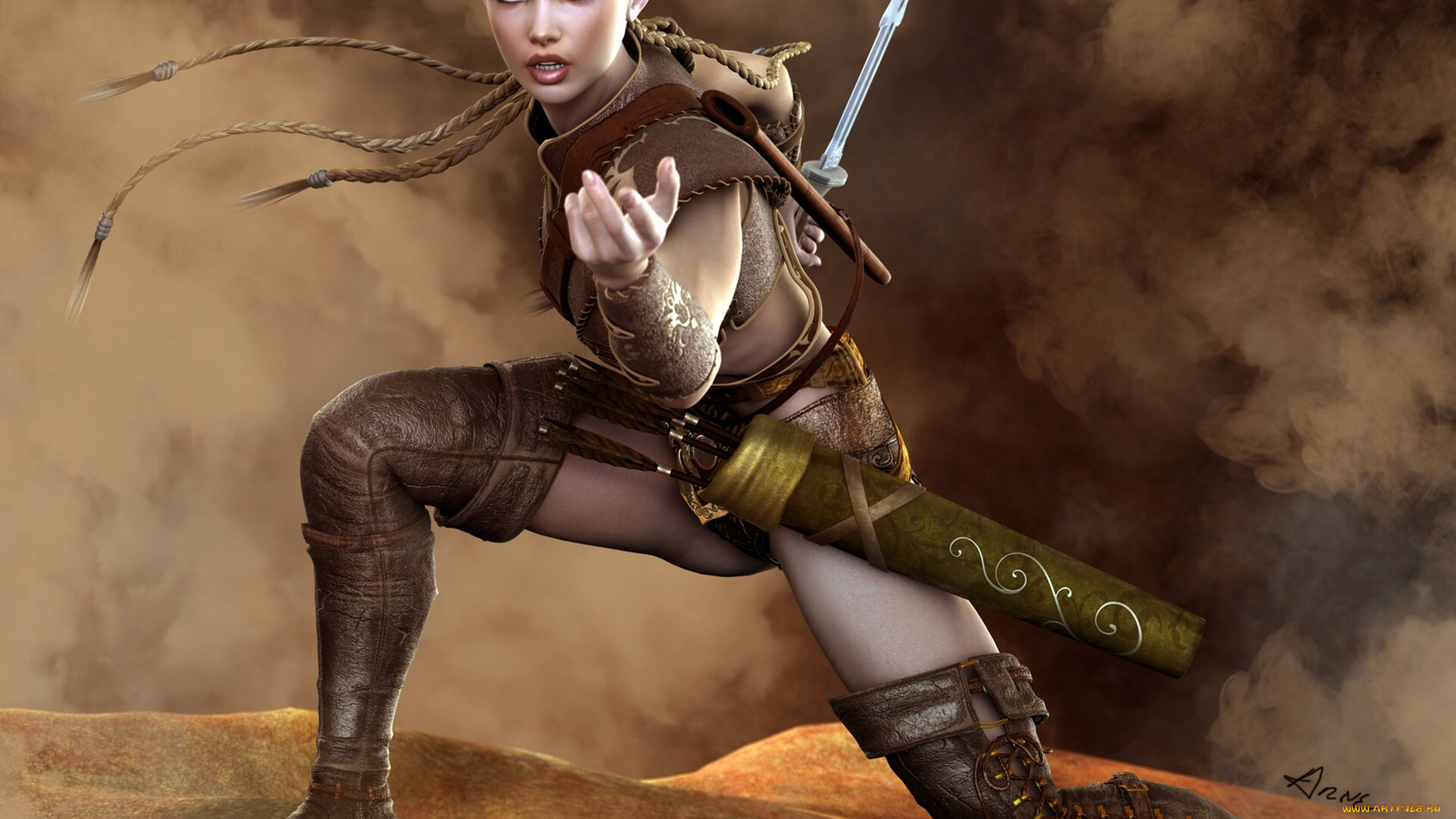 3д, графика, elves, эльфы, воительница, эльфийка, меч, амазонка, сапоги, косички, стрелы, колчан