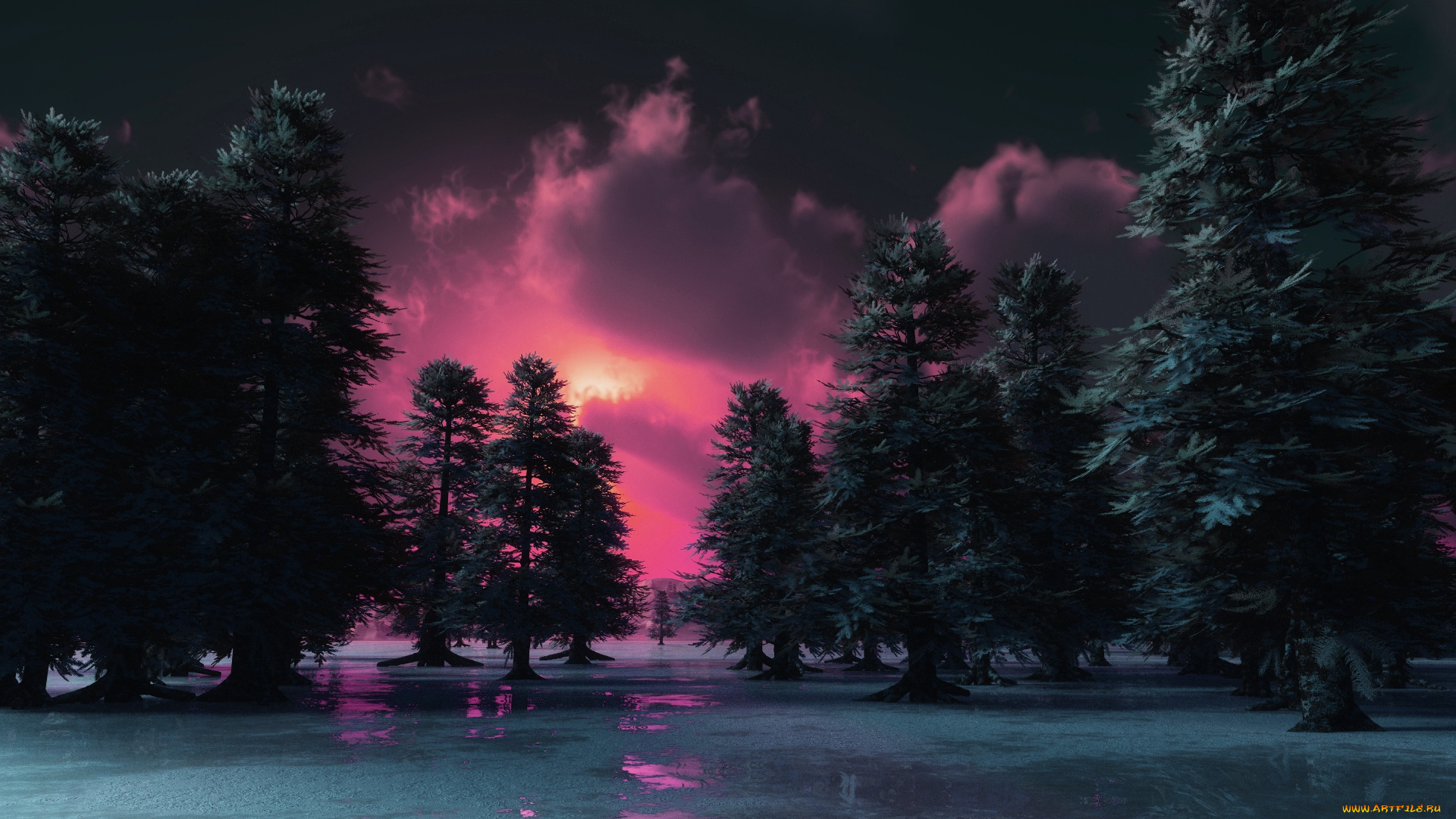 3д, графика, nature, landscape, природа, снег, ели, ночь, лед