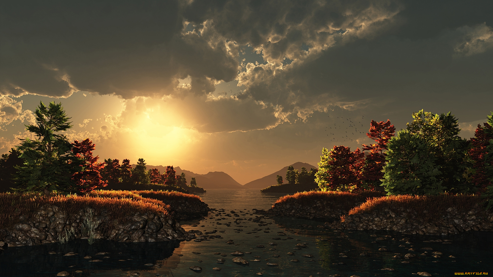 3д, графика, nature, landscape, природа, солнце, тучи, деревья, река, горы