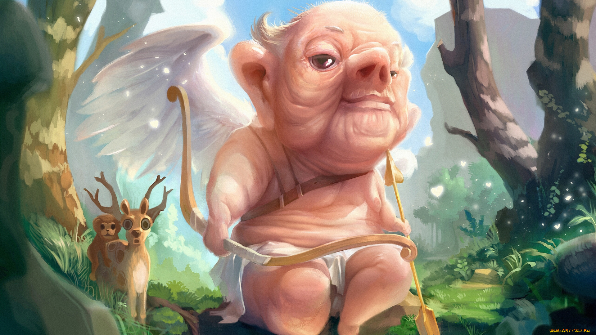 фэнтези, ангелы, лес, стрела, старый, купидон, олени, лук