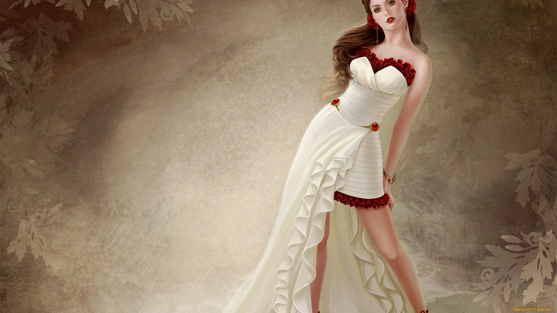 фэнтези, девушки, фон, поза, узор, красные, туфли, белове, платье, девушка