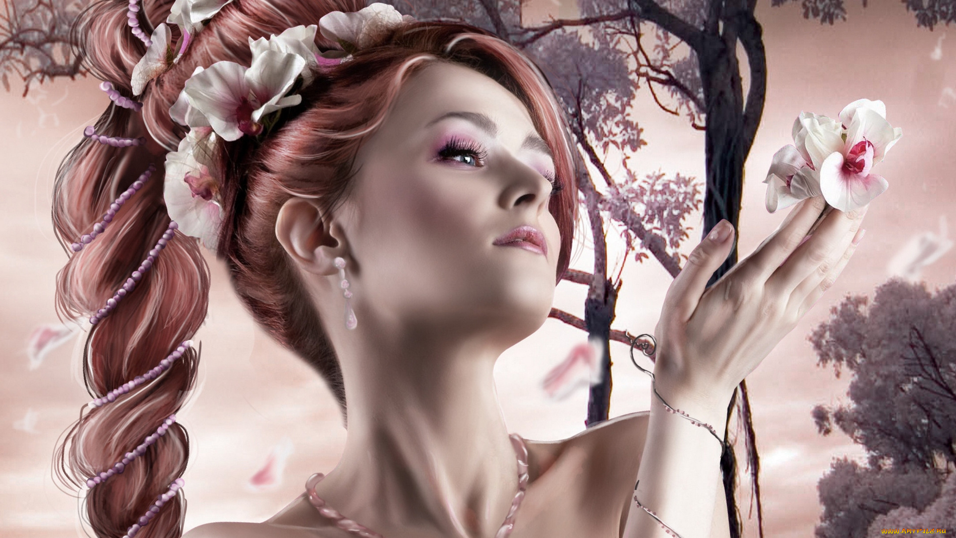 фэнтези, девушки, коса, цветы, дерево