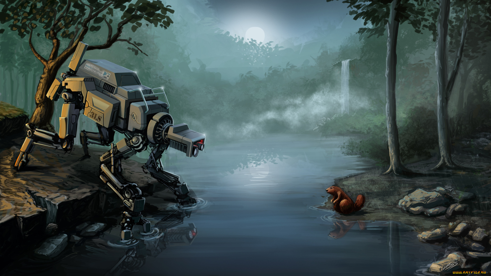фэнтези, роботы, киборги, механизмы, деревья, робот, бобёр, река, водопад