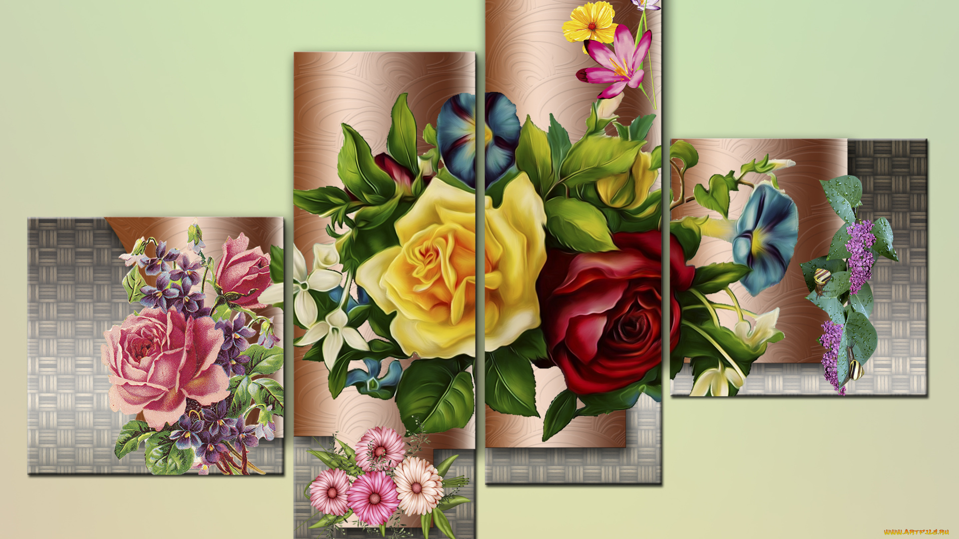 рисованные, цветы, полиптих, композиция, квадраты, прямоугольники, фон