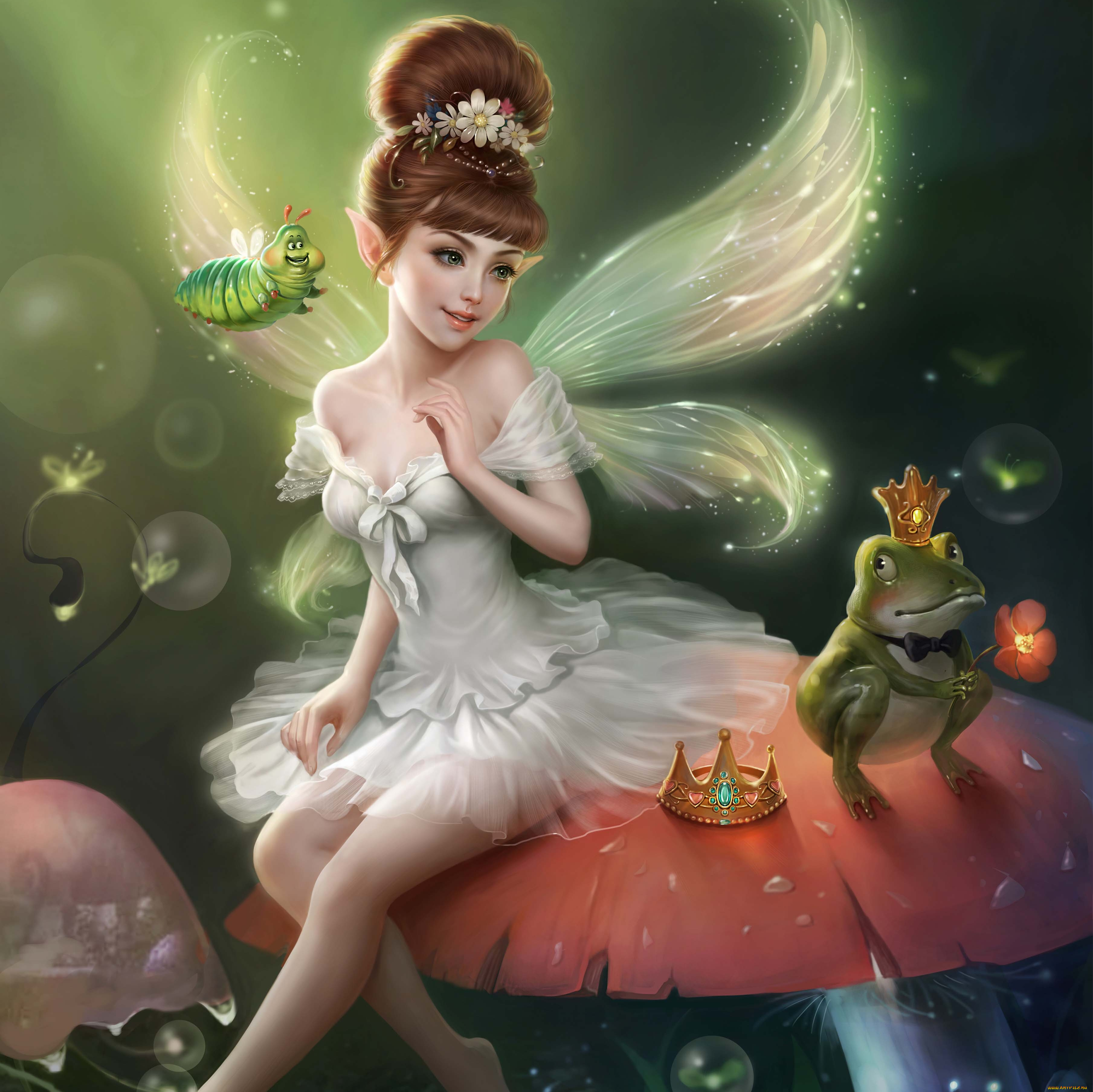 фэнтези, феи, фея, гусеница, лягушка, fairy, гриб, корона