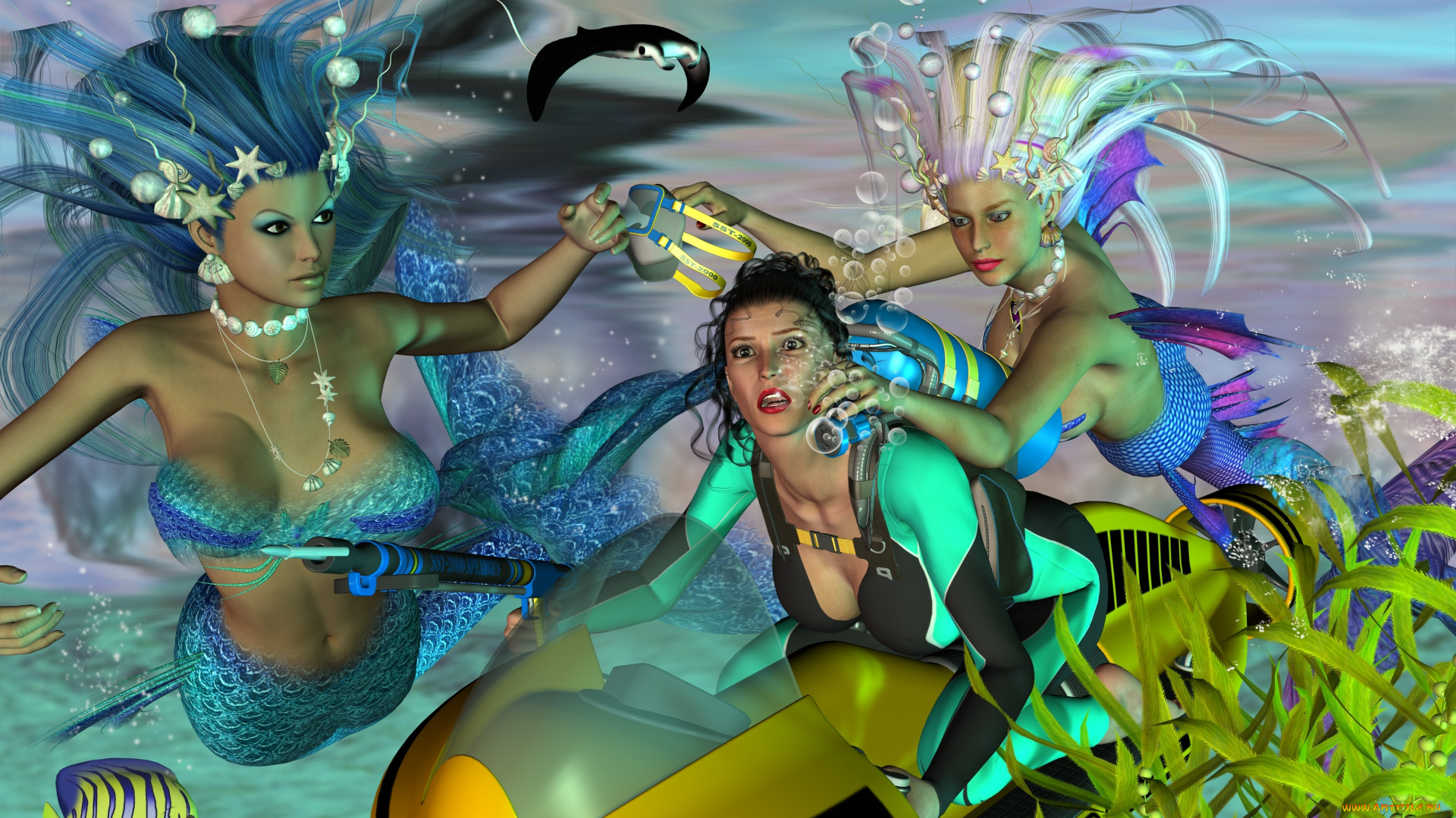 3д, графика, fantasy, , фантазия, девушка, море, рыбы, русалки