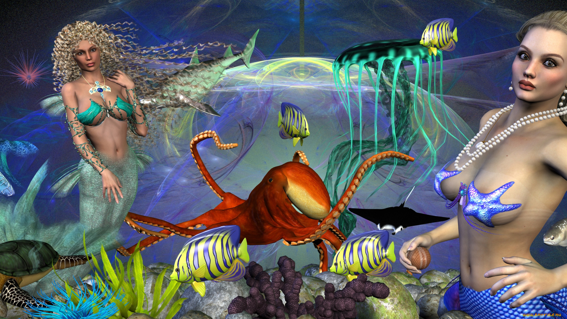 3д, графика, fantasy, , фантазия, море, рыбы, русалки