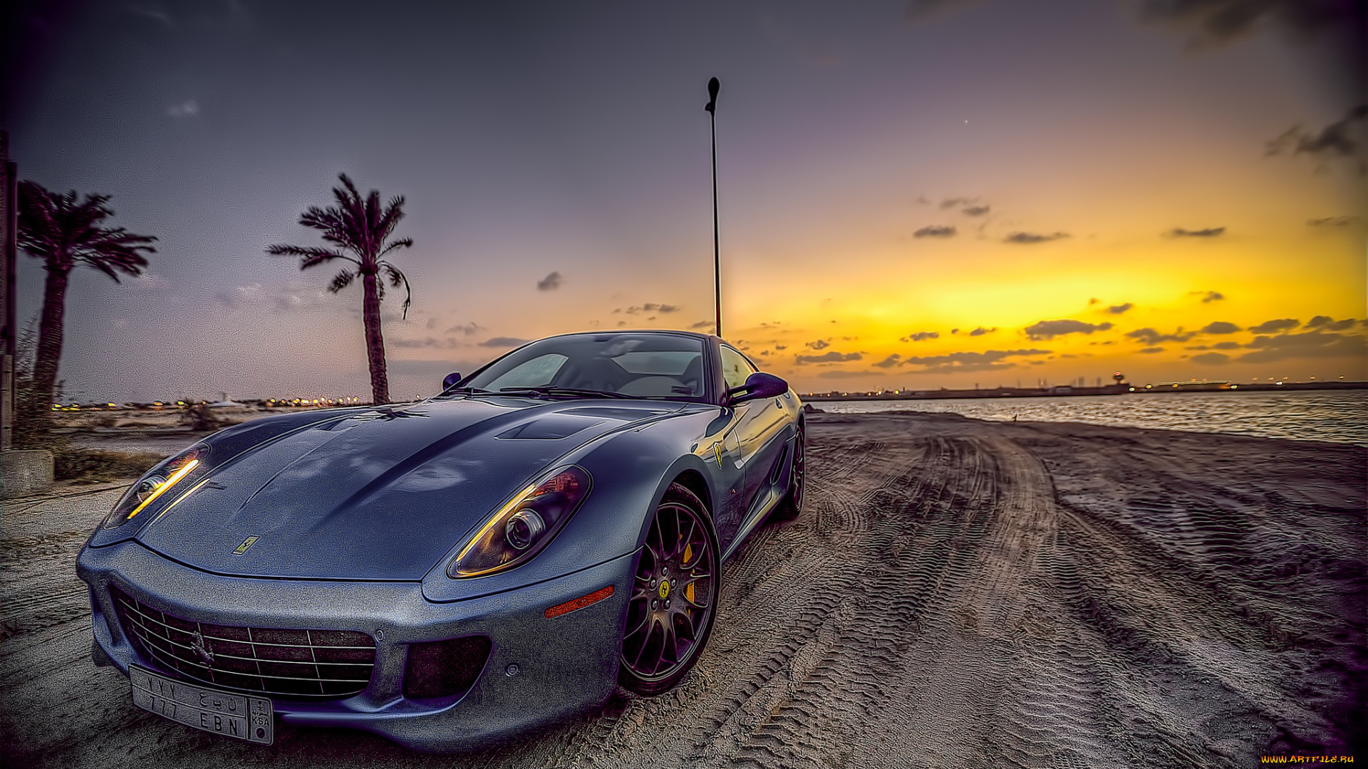 автомобили, ferrari, авто, заря, пляж