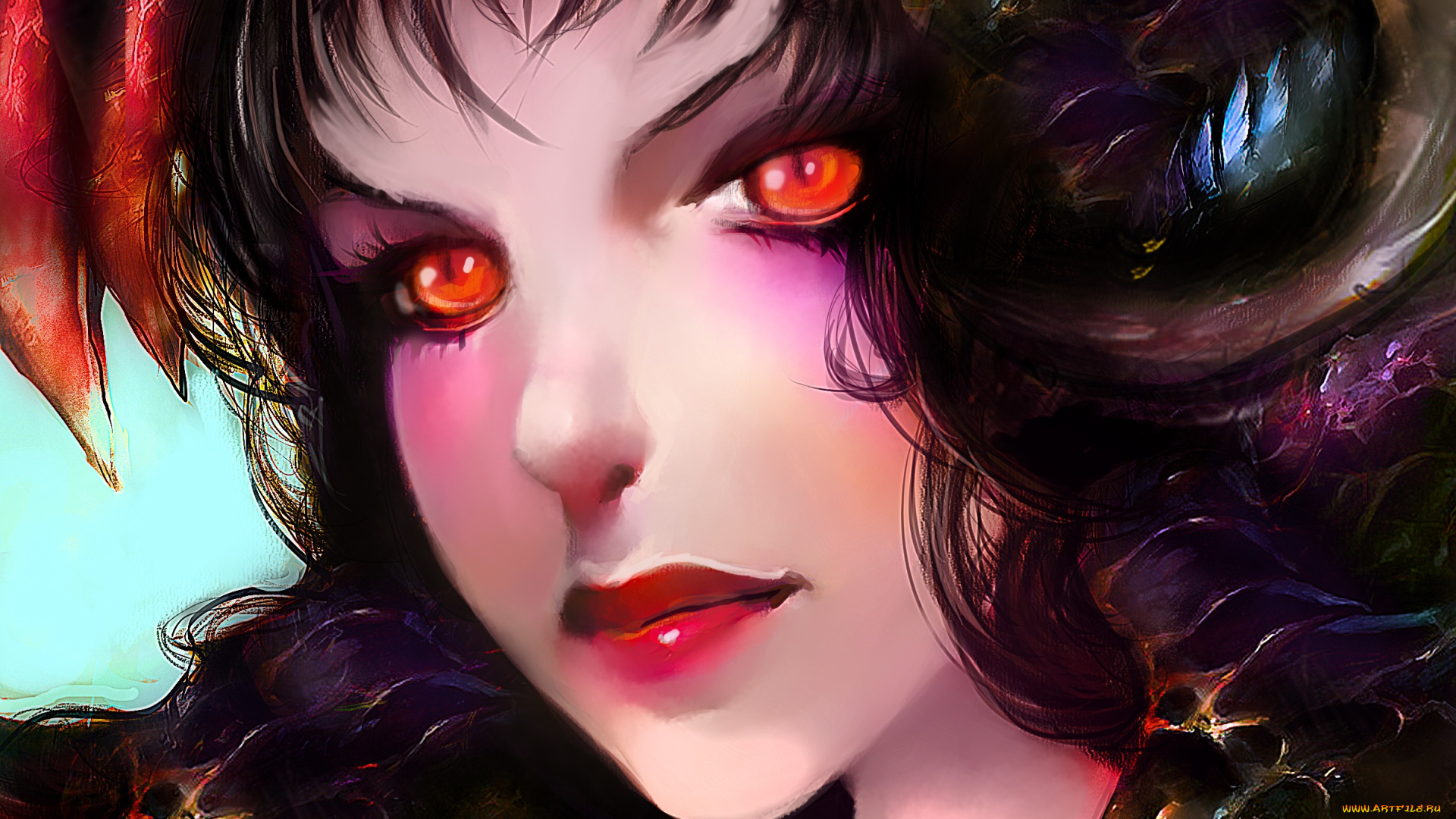 фэнтези, демоны, девушка, взгляд, лицо, брюнетка, демон, рога