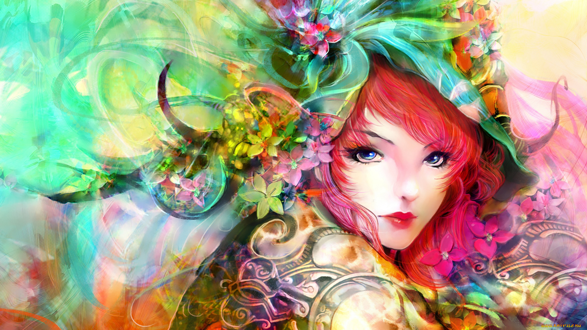 фэнтези, девушки, взгляд, цветы, ярко, головной, арт, девушка, лицо, убор
