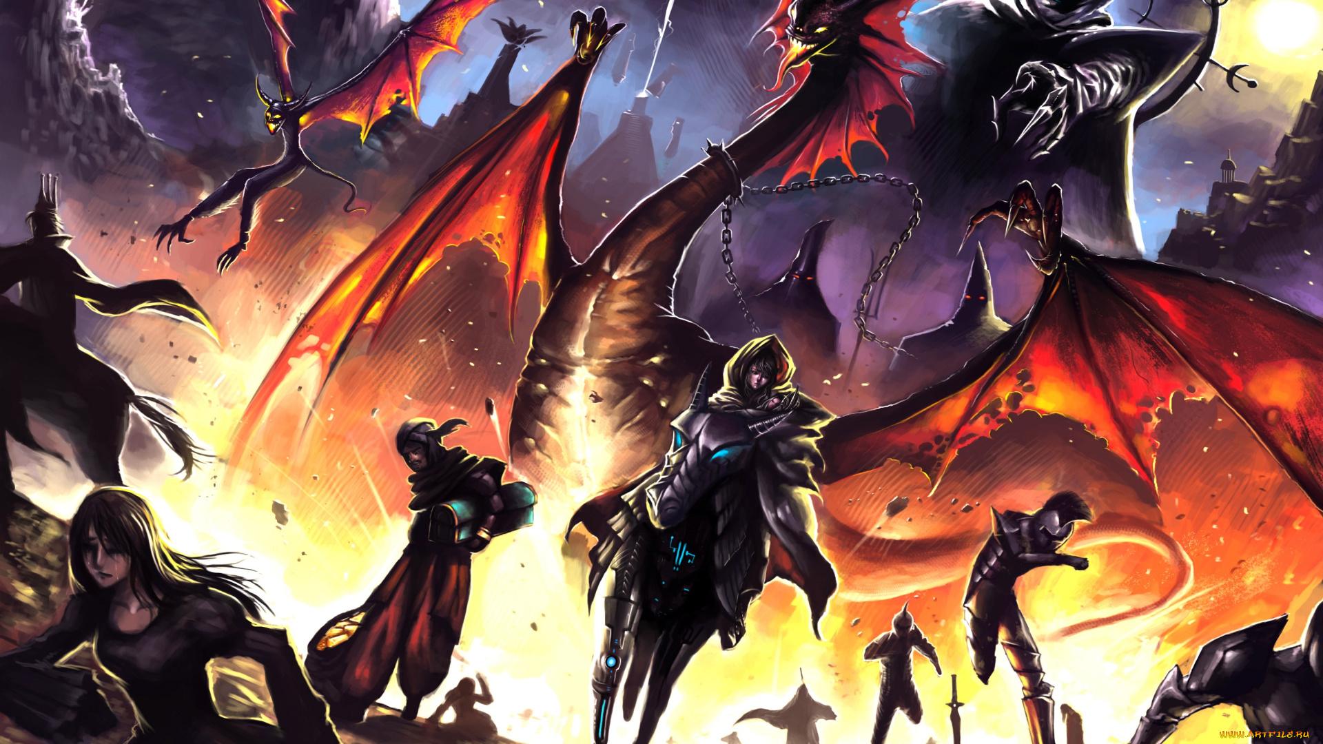 фэнтези, драконы, дракон, люди, пламя, киборг, горы, фантастика, монстры, молнии, меч, сияние, мрачно, осколки, цепь