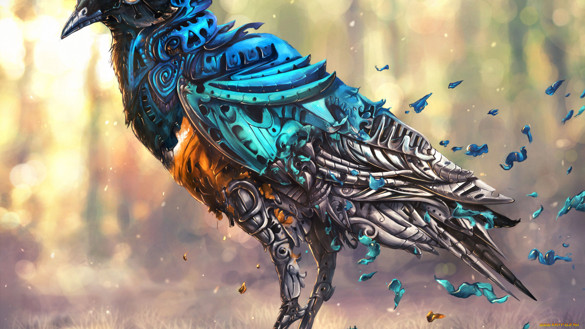 фэнтези, роботы, , киборги, , механизмы, птица, робот, механическая, обрывки, трава