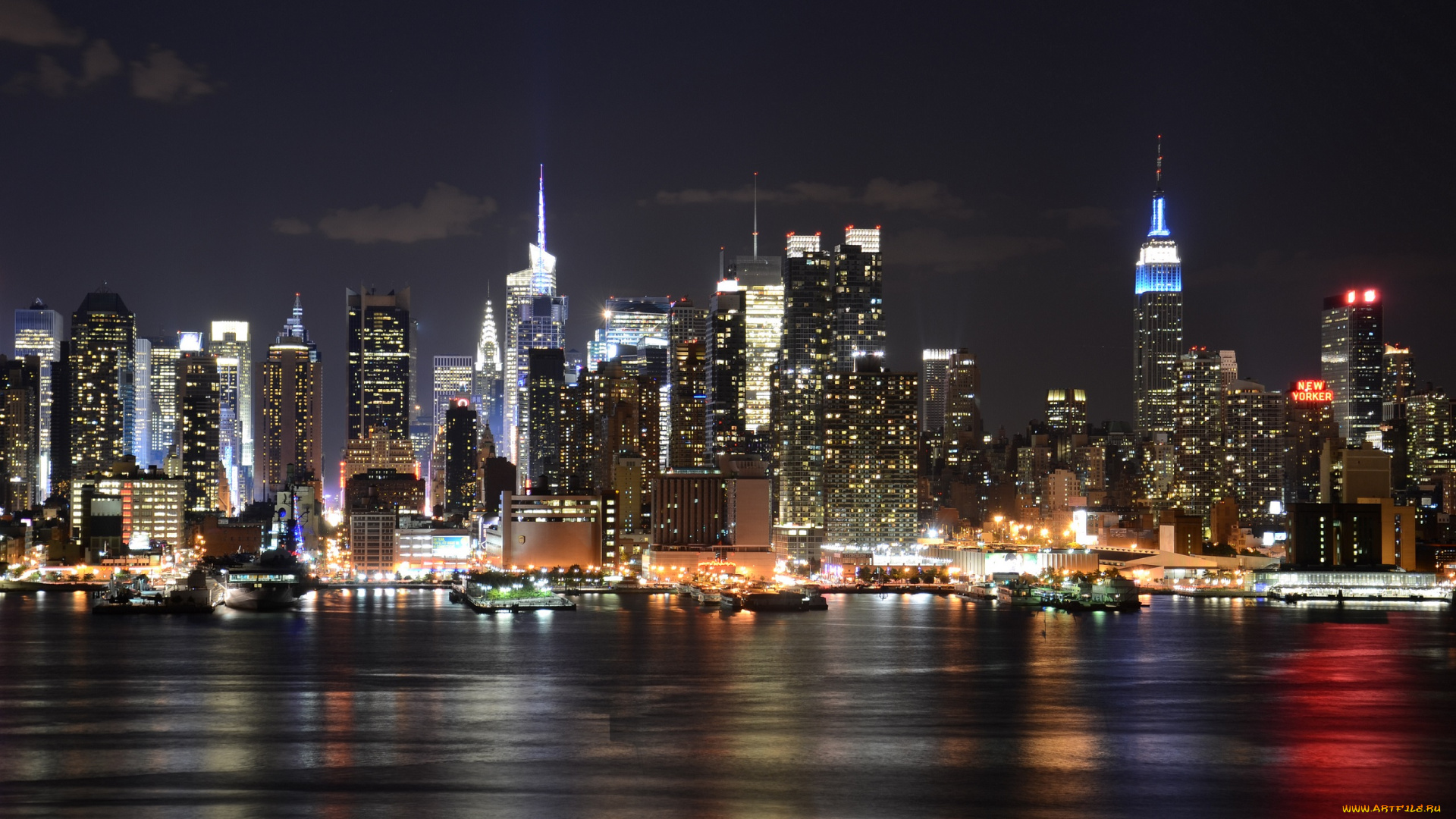 города, нью-йорк, , сша, ночь, высотки, здания, сияние, небо, вода, огни, облака