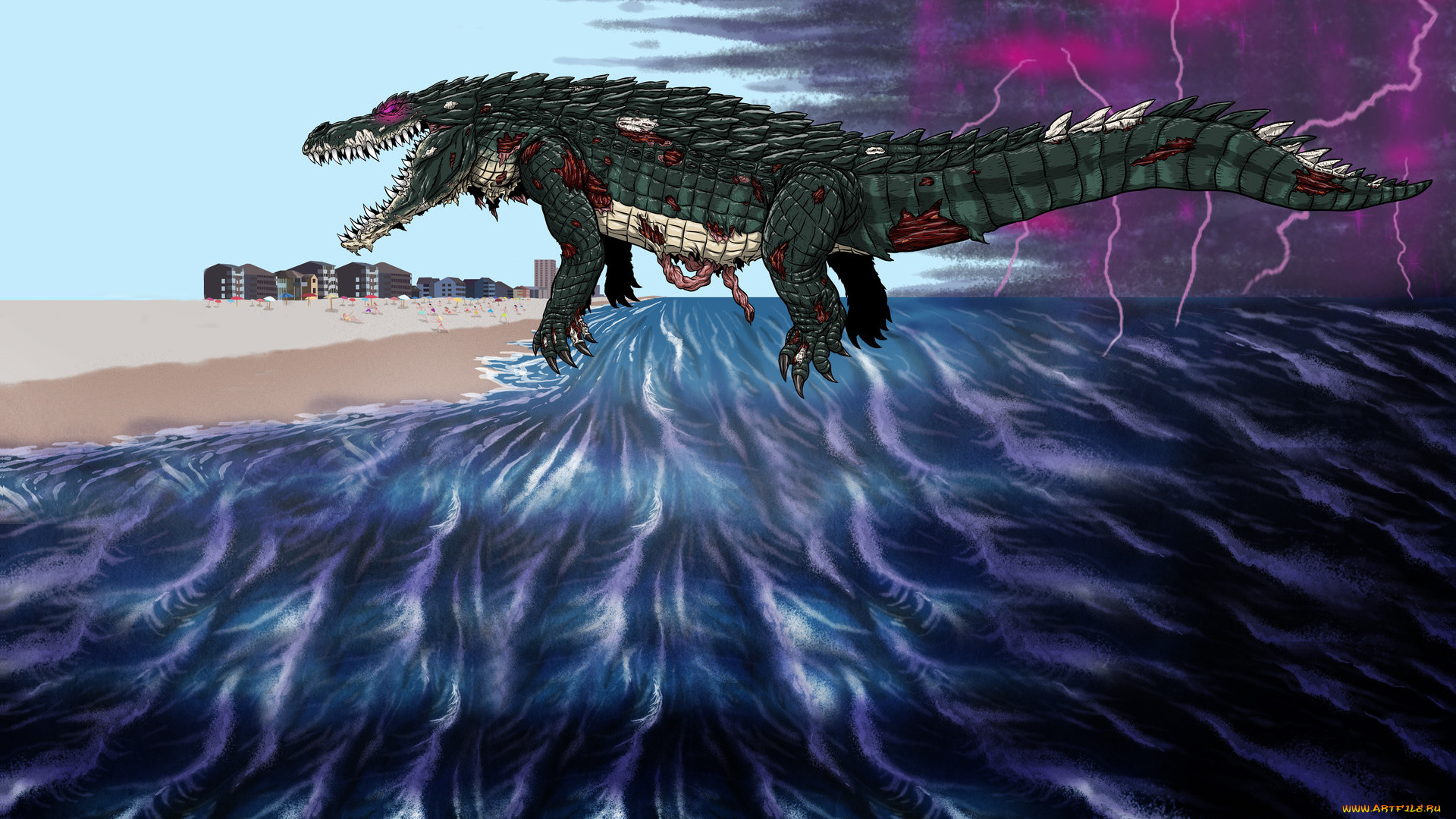 крокодил, фэнтези, существа, пляж, монстр, дома, паника, тучи