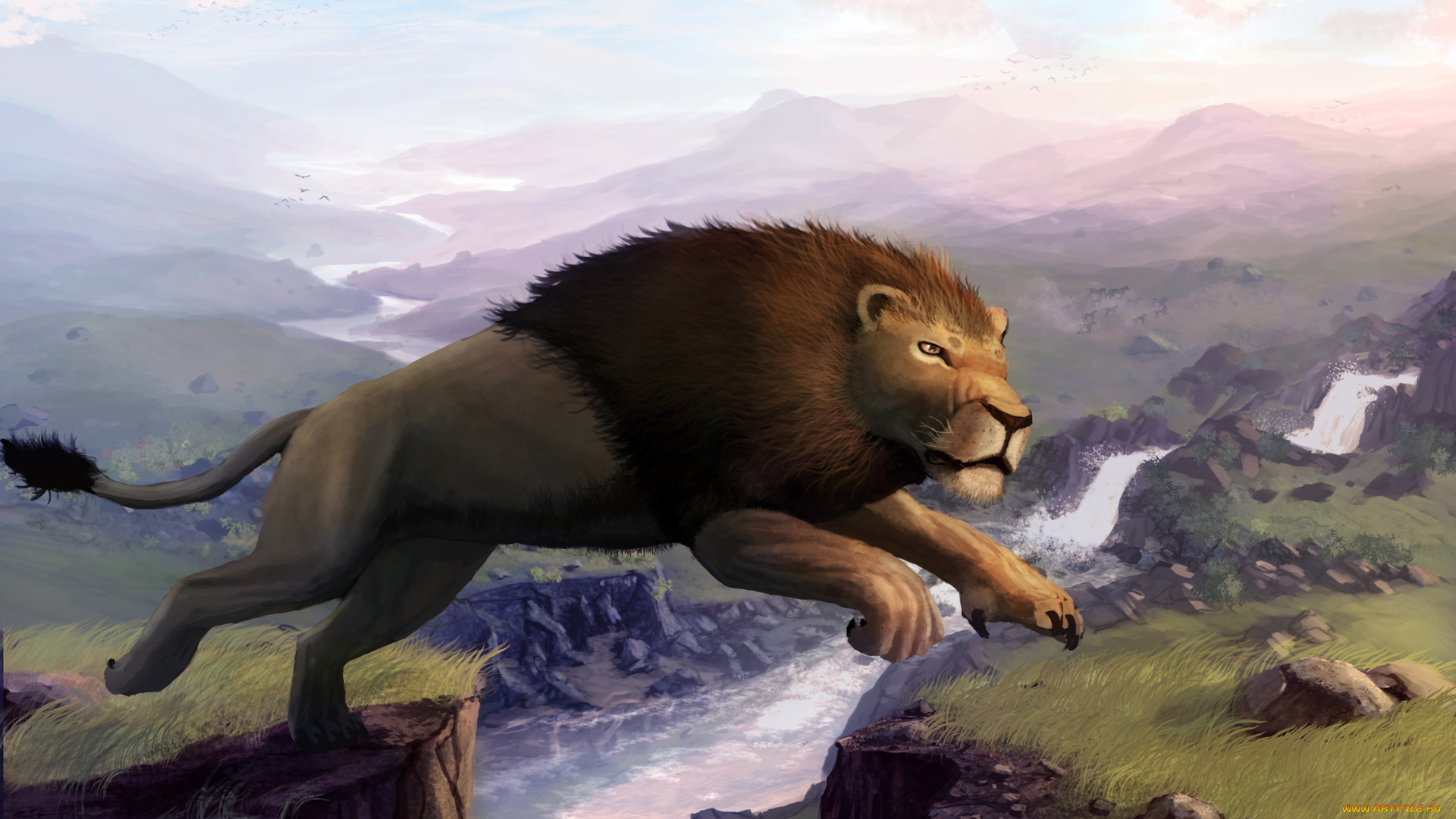 лев, рисованные, животные, , львы, прыжок, природа