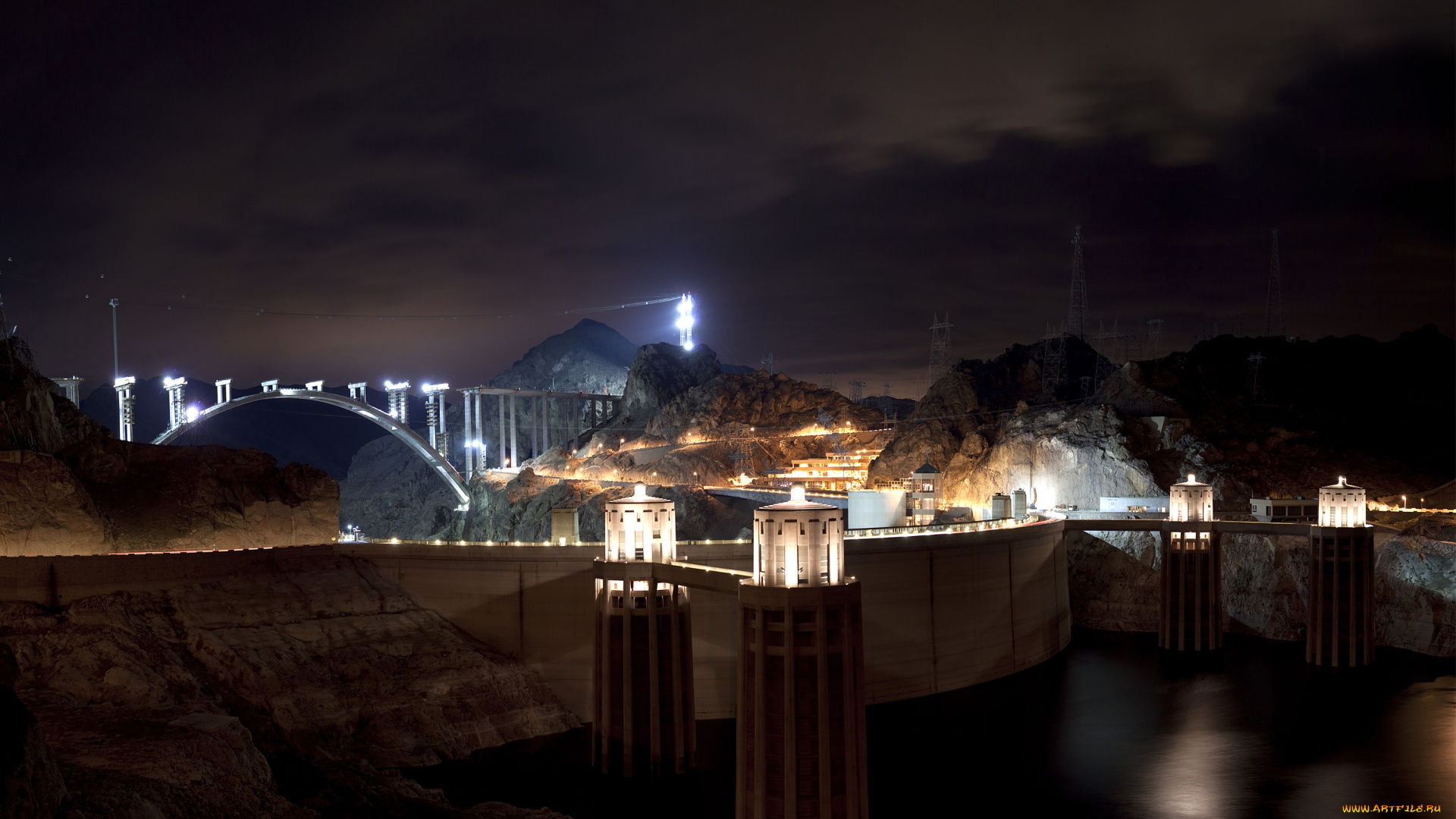 разное, сооружения, , постройки, ночь, фонари, мост, дамба