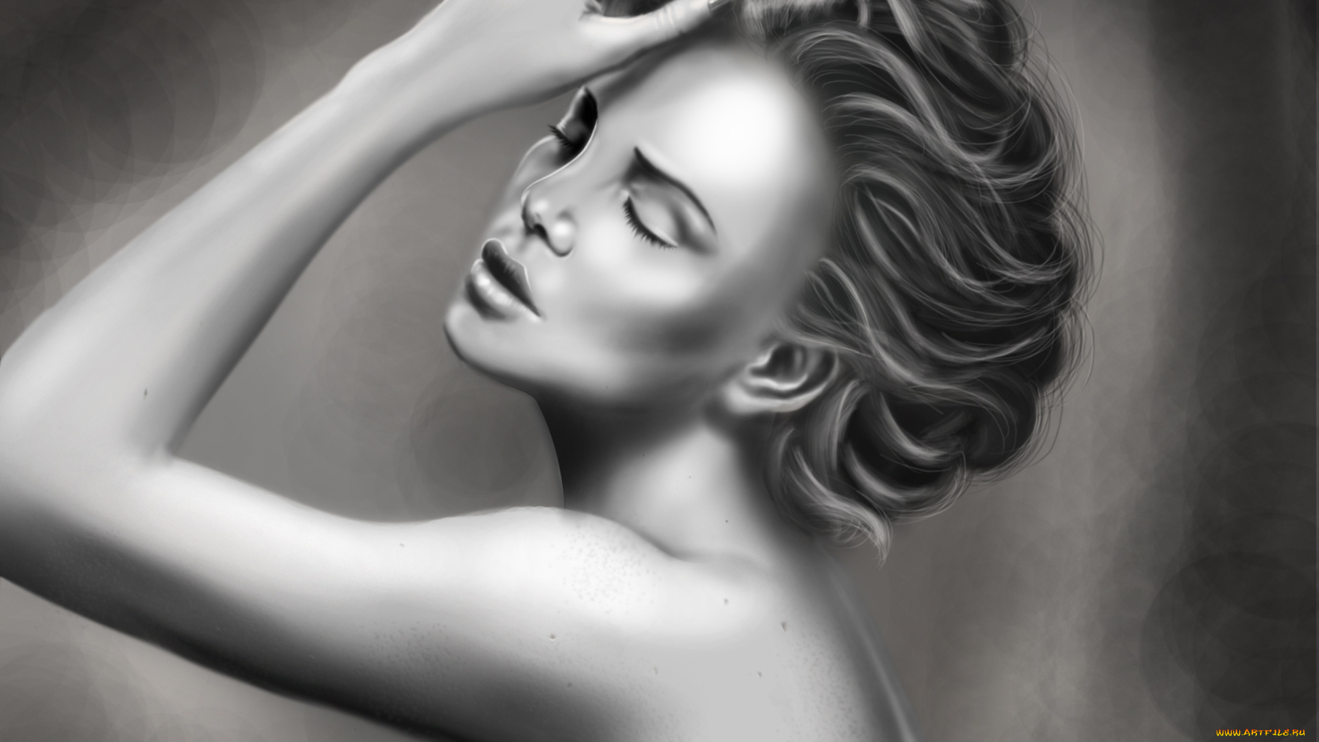 рисованные, люди, черно-белая, волосы, прическа, лицо, рука, закрытые, глаза, девушка, живопись