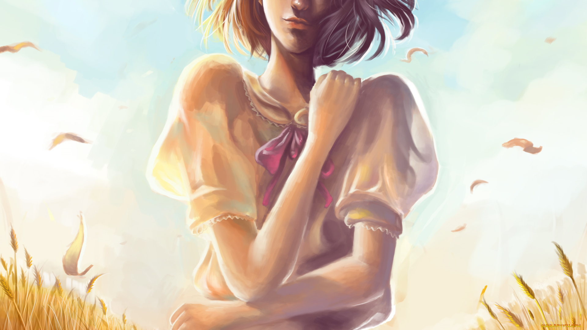 рисованные, люди, платье, небо, поле, девушка, облака, колосья, бант, сидит