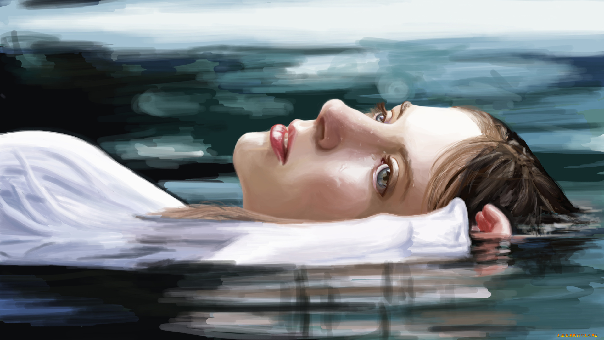 рисованные, люди, живопись, девушка, лицо, голубые, глаза, рука, лежит, вода, отражение