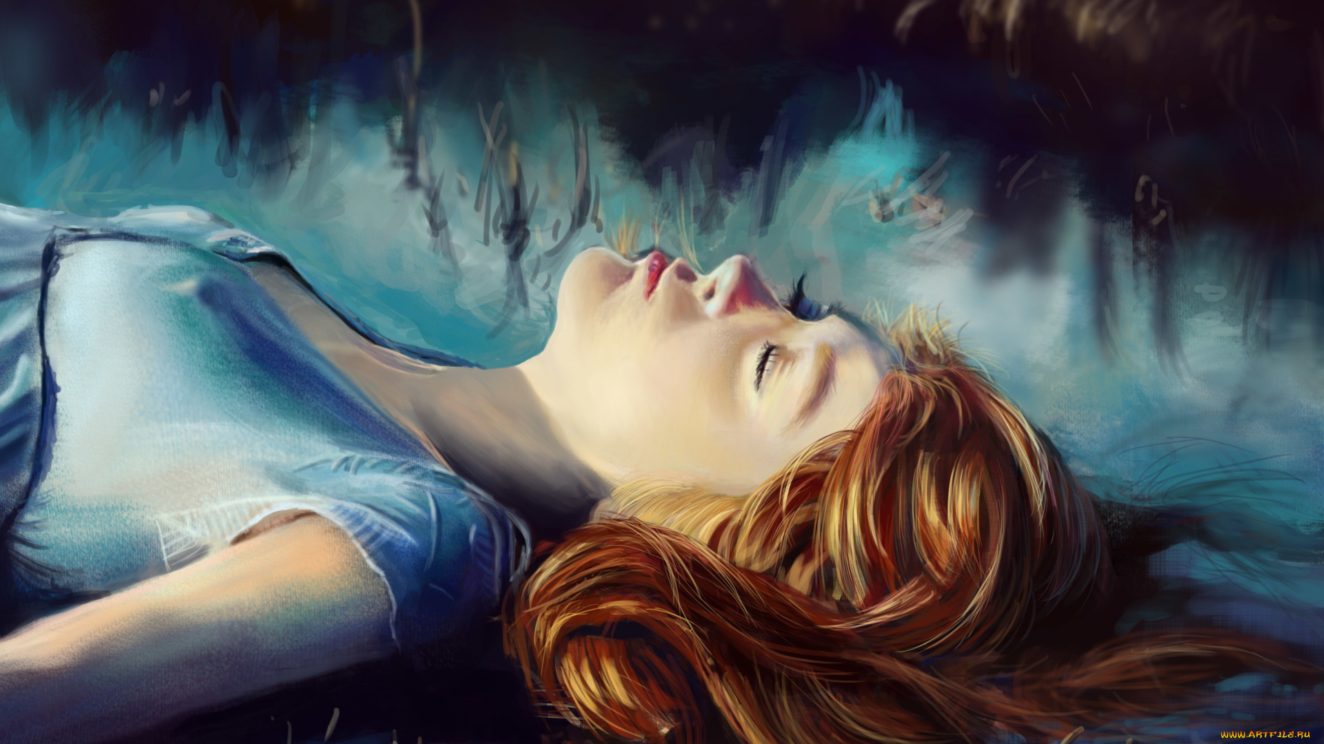 рисованные, люди, живопись, девушка, лицо, закрытые, глаза, волосы, рыжая, туман