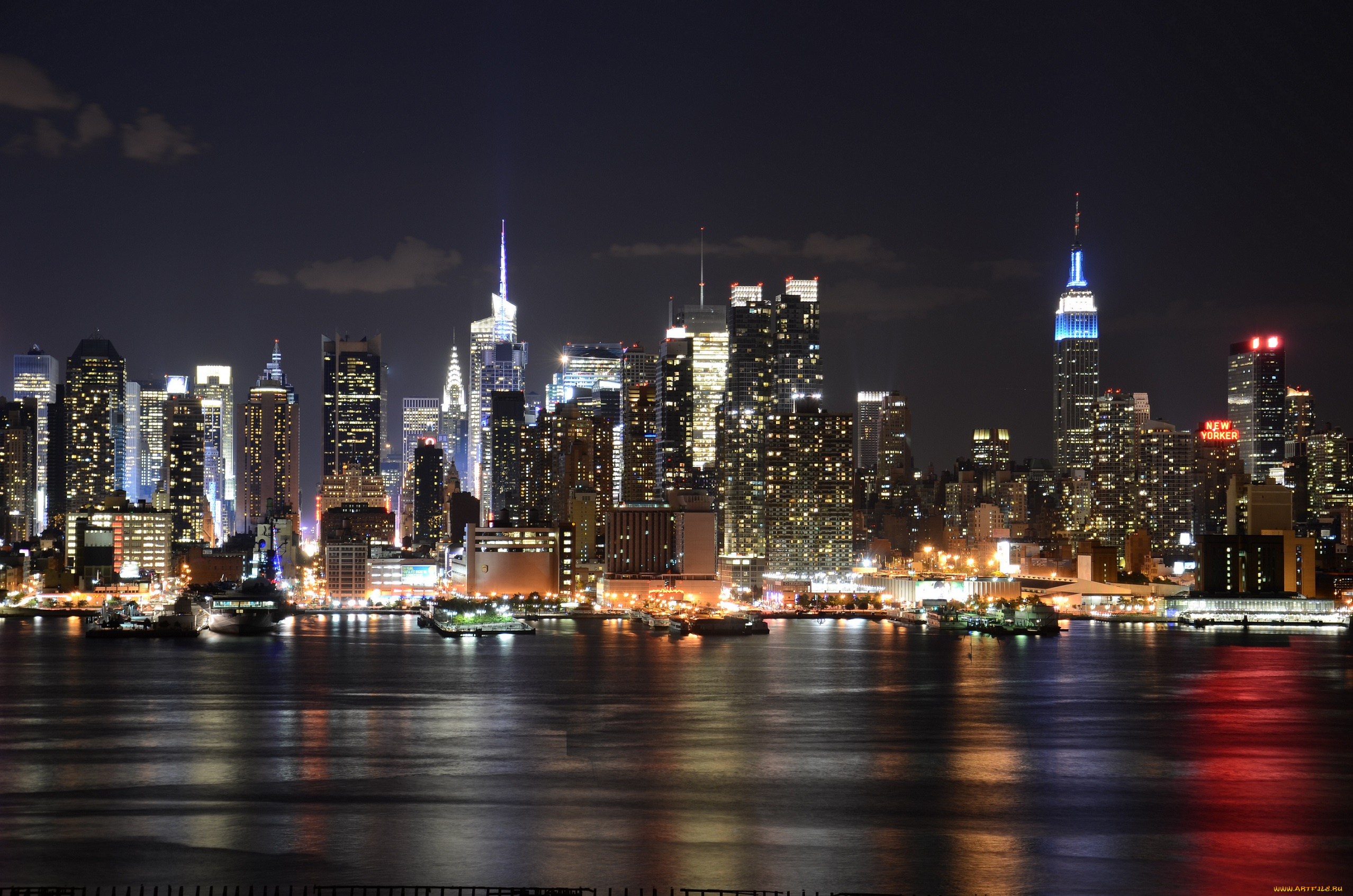 города, нью-йорк, , сша, ночь, высотки, здания, сияние, небо, вода, огни, облака